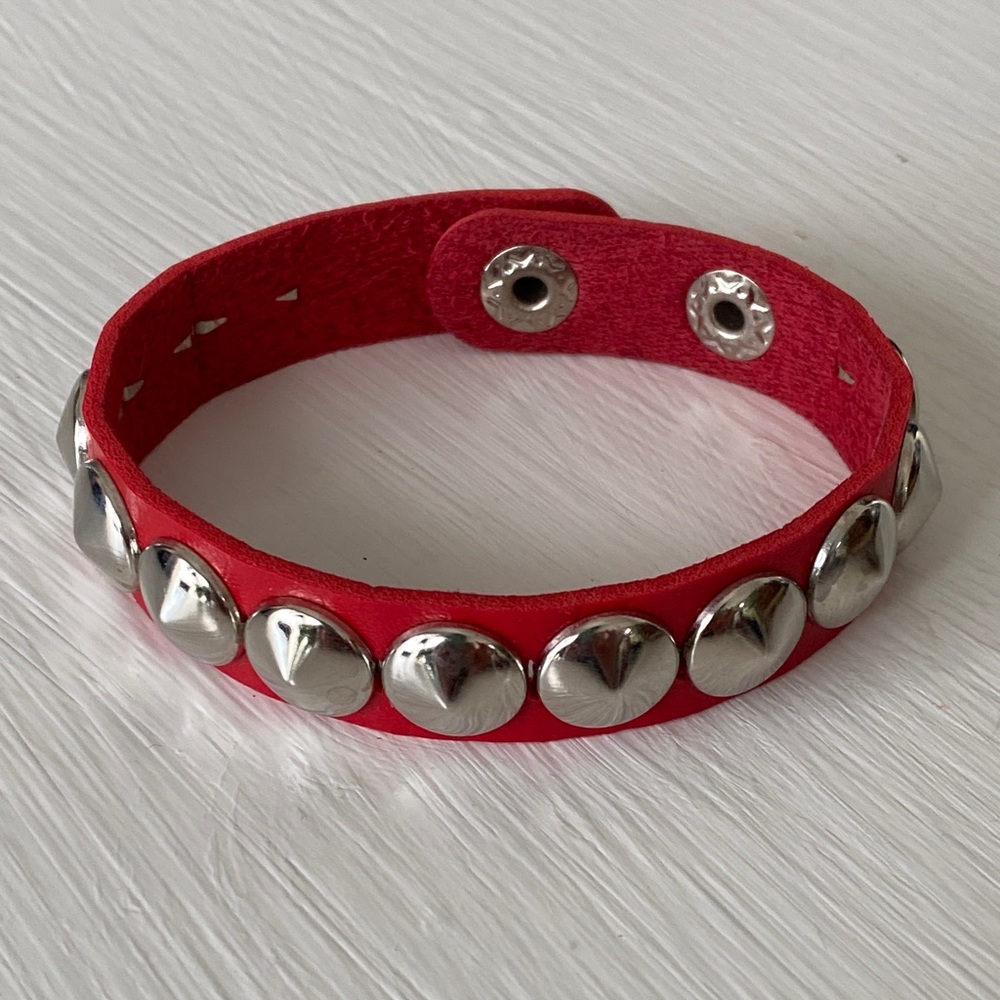 Red Edgy Rock Silver Studded Leather Bracelet Adjustable